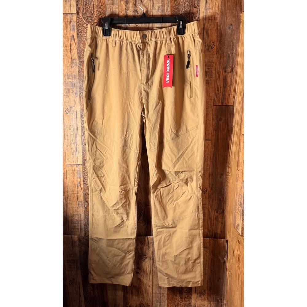 Work Idea Mens L Khaki Pants Elastic Waist Zip Utility Pockets‎ New